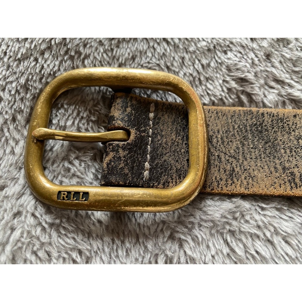 RLL Distressed Leather Studded Belt Ralph Lauren Vintage Brass Buckle Y2K